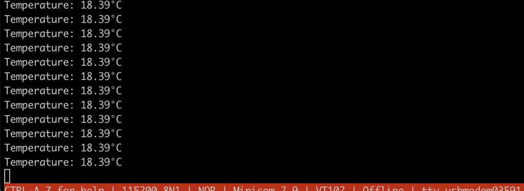 Temperature readings of 18.39C being shown in a terminal window.